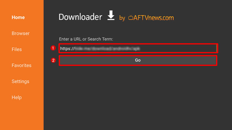 Pantalla del buscador de Downloader con la URL introducida